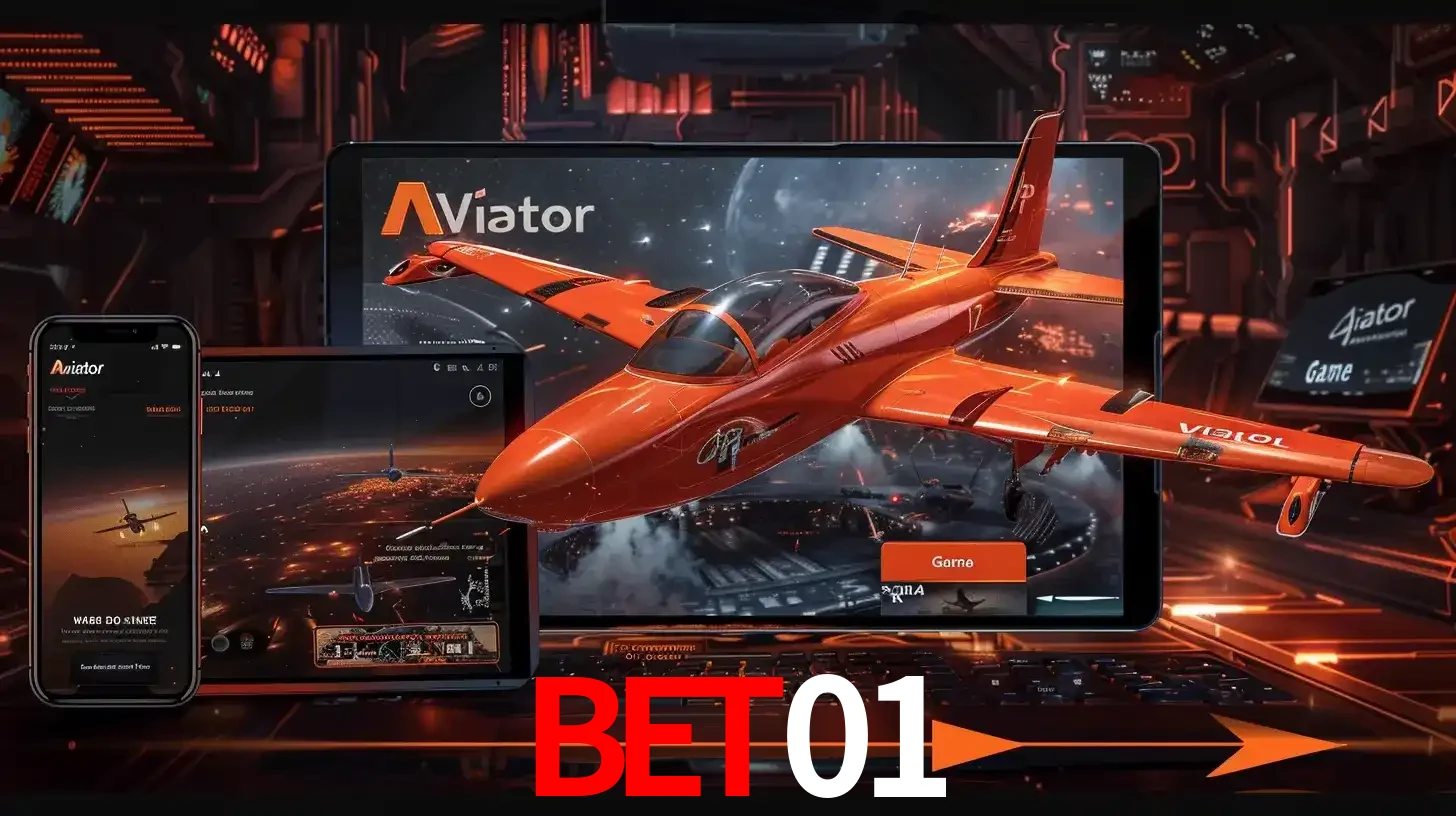 Apresentação tecnológica do jogo Aviator com um avião saindo da tela de um tablet, demonstrando a experiência imersiva em múltiplos dispositivos no bet01.