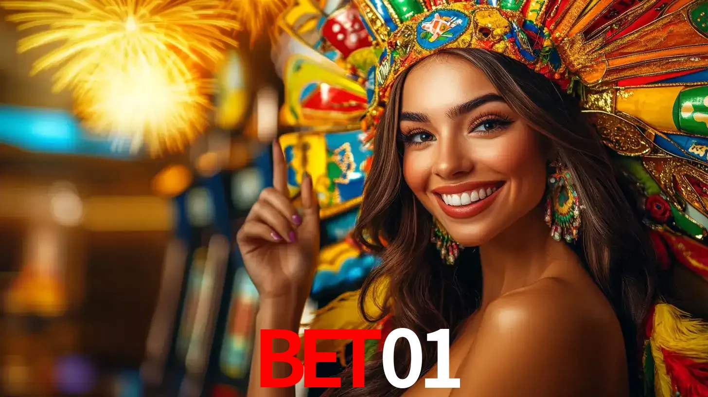 Mulher sorridente com um cocar de carnaval vibrante e colorido, celebrando uma grande vitória nos jogos do cassino bet01 com fogos de artifício ao fundo.