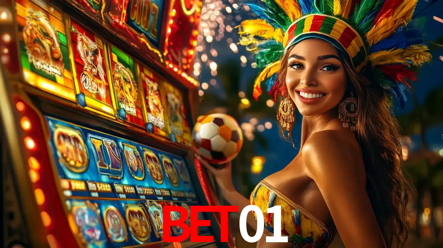 Mulher com um cocar de carnaval ao lado de uma máquina de caça-níqueis enquanto segura uma bola de futebol, mostrando a união da diversão de cassino e esportes no bet01.