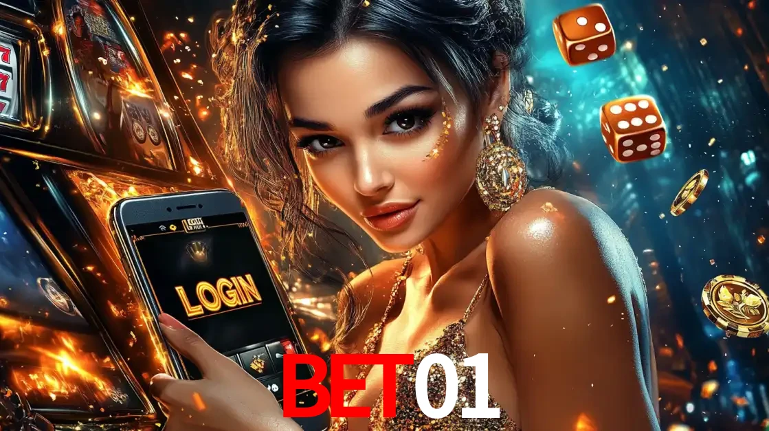 Mulher glamourosa segurando um celular com a tela de login do cassino bet01, rodeada por dados e moedas douradas, pronta para começar a diversão.