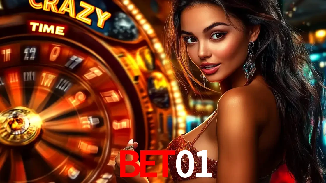 Mulher ao lado da roda de prêmios do jogo de cassino ao vivo Crazy Time, um dos shows de jogos mais emocionantes oferecidos pela plataforma de apostas bet01.