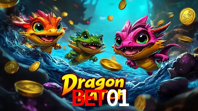 Arte promocional do jogo Dragon Hatch com três adoráveis dragões bebês nadando entre moedas de ouro, um dos slots mais divertidos para jogar no cassino bet01.