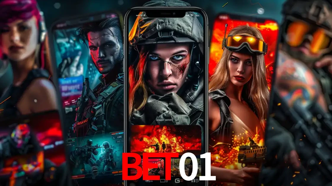 Montagem de telas de celular mostrando diversos personagens, masculinos e femininos, de um jogo de tiro, ilustrando a diversidade de equipes de e-sports para apostar no bet01.