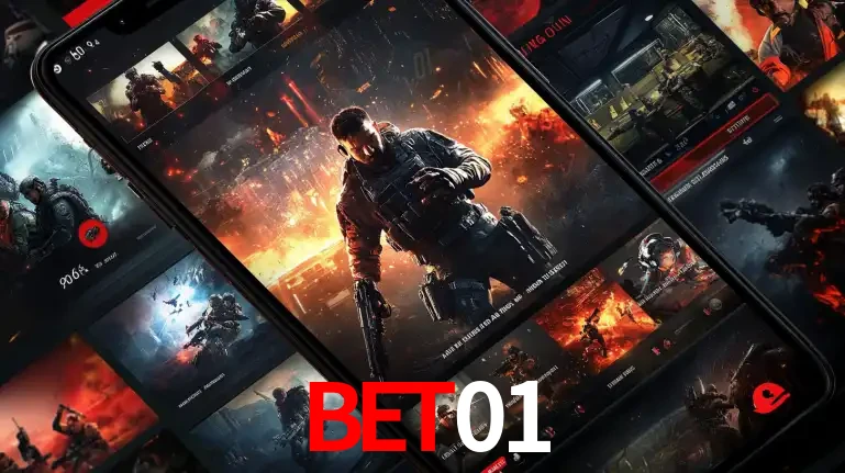 Tela de um celular exibindo uma galeria de jogos de tiro com temática militar, mostrando a variedade de e-sports disponíveis para apostas na plataforma de entretenimento bet01.