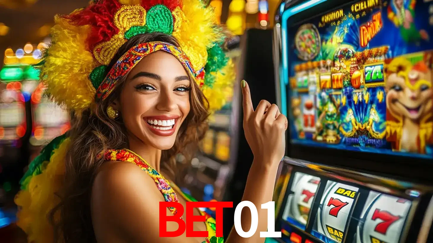 Mulher animada com um cocar de carnaval apontando para uma máquina de caça-níqueis, mostrando a emoção de ganhar um grande prêmio nos jogos do bet01.