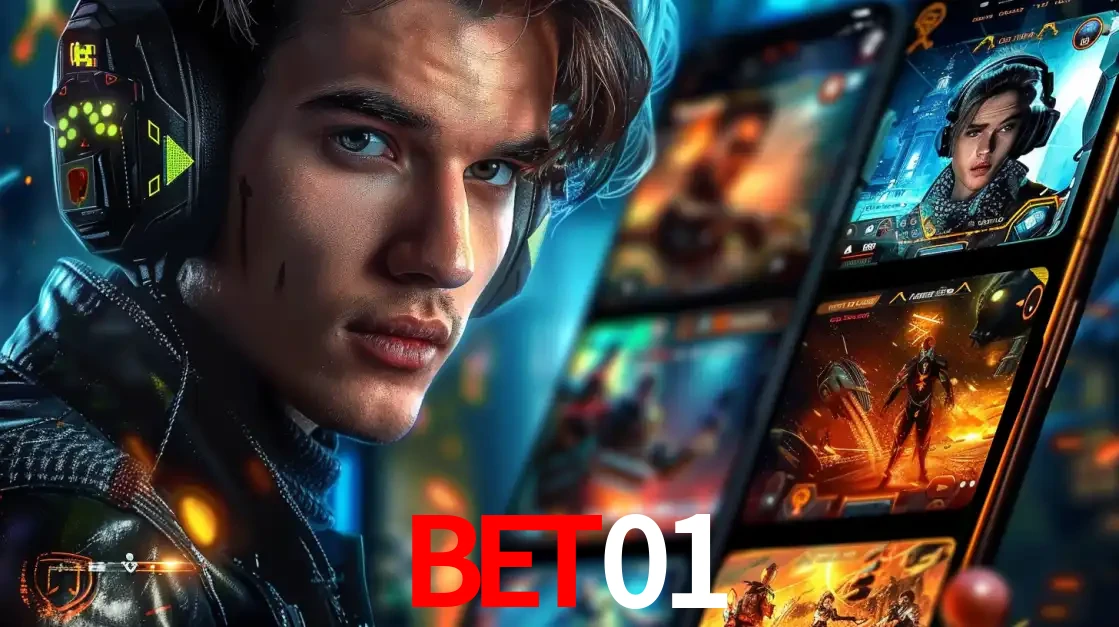Jovem jogador com fones de ouvido olhando para a câmera, com um aplicativo de jogos e e-sports para celular ao fundo, pronto para a competição e apostas no bet01.