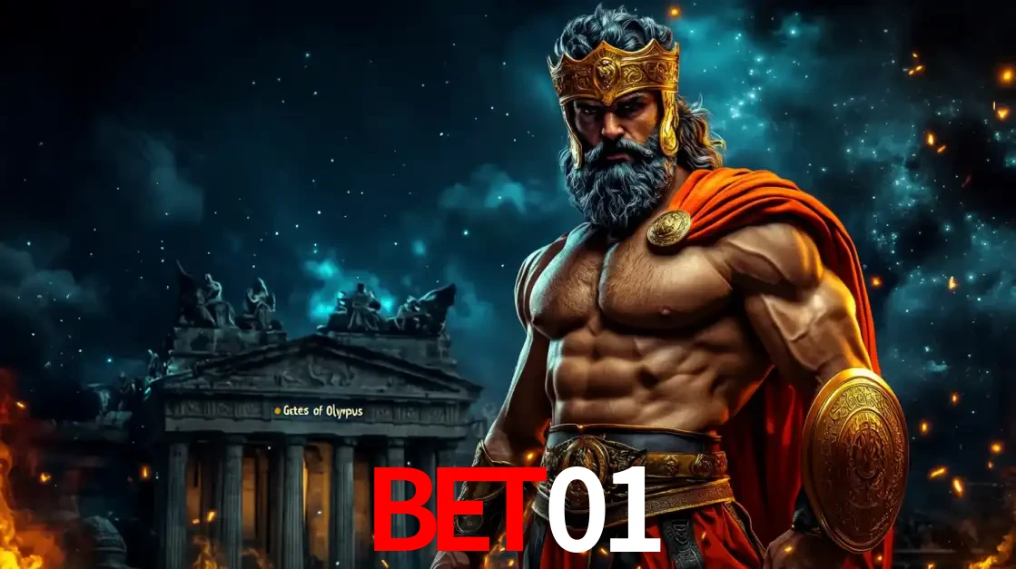 O poderoso Zeus do jogo de slot Gates of Olympus em frente ao seu templo, pronto para lançar multiplicadores divinos e prêmios épicos no cassino online bet01.