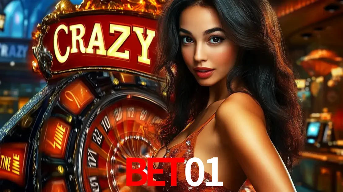 Mulher glamourosa olhando para a câmera com a roda vermelha do Crazy Time ao fundo em um ambiente de cassino, destacando a emoção dos jogos ao vivo no bet01.
