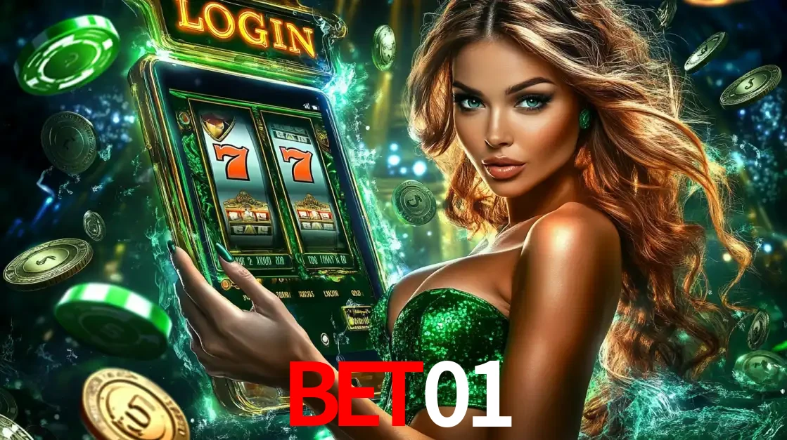 Mulher com tema verde apresentando o aplicativo do cassino bet01 com um jogo de slot de 777, cercada por fichas de cassino e uma aura de sorte.