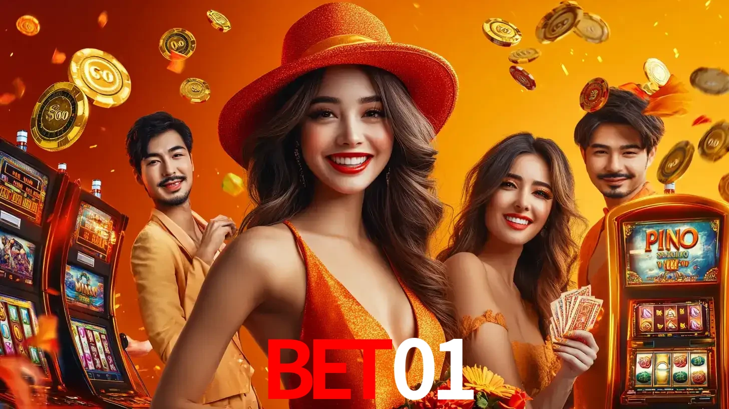 Grupo de amigos asiáticos sorrindo e se divertindo com máquinas de caça-níqueis em um ambiente festivo, celebrando suas vitórias nos jogos de cassino do bet01.
