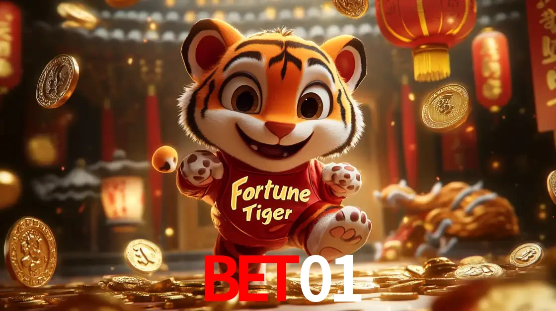 O alegre personagem do Fortune Tiger correndo sobre um caminho de moedas de ouro, simbolizando os grandes prêmios e a diversão do popular jogo de slot do bet01.
