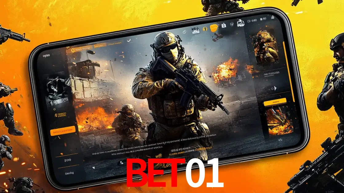 Um smartphone exibindo a interface de um jogo de tiro em primeira pessoa, com um soldado em um cenário de batalha, representando a ação dos e-sports para apostar no bet01.