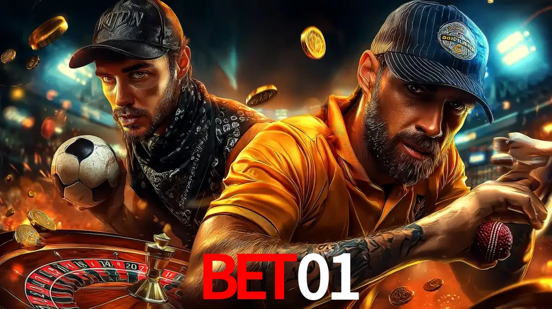 Montagem de apostas esportivas e cassino no bet01, com um homem segurando uma bola de futebol e outro uma de beisebol sobre uma roleta e moedas voadoras.