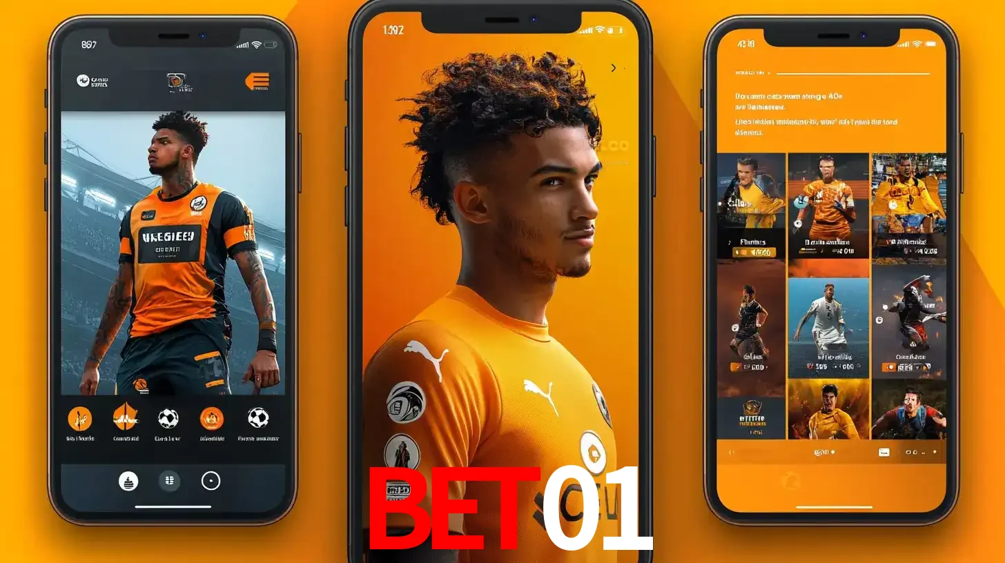Interface do aplicativo de apostas esportivas bet01 em três telas de celular, mostrando o perfil de um jogador de futebol e a lista de jogos disponíveis para apostar.