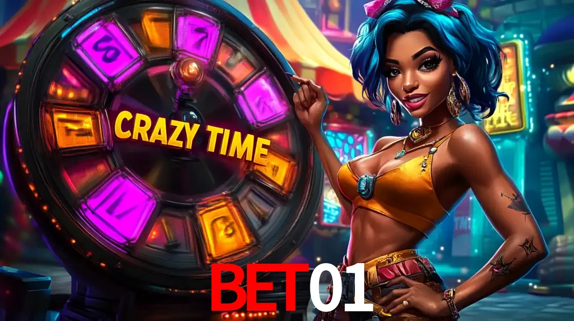 Mulher estilizada com cabelo azul e visual vibrante posando ao lado da roda de prêmios do game show Crazy Time, convidando para a diversão e os bônus do cassino bet01.