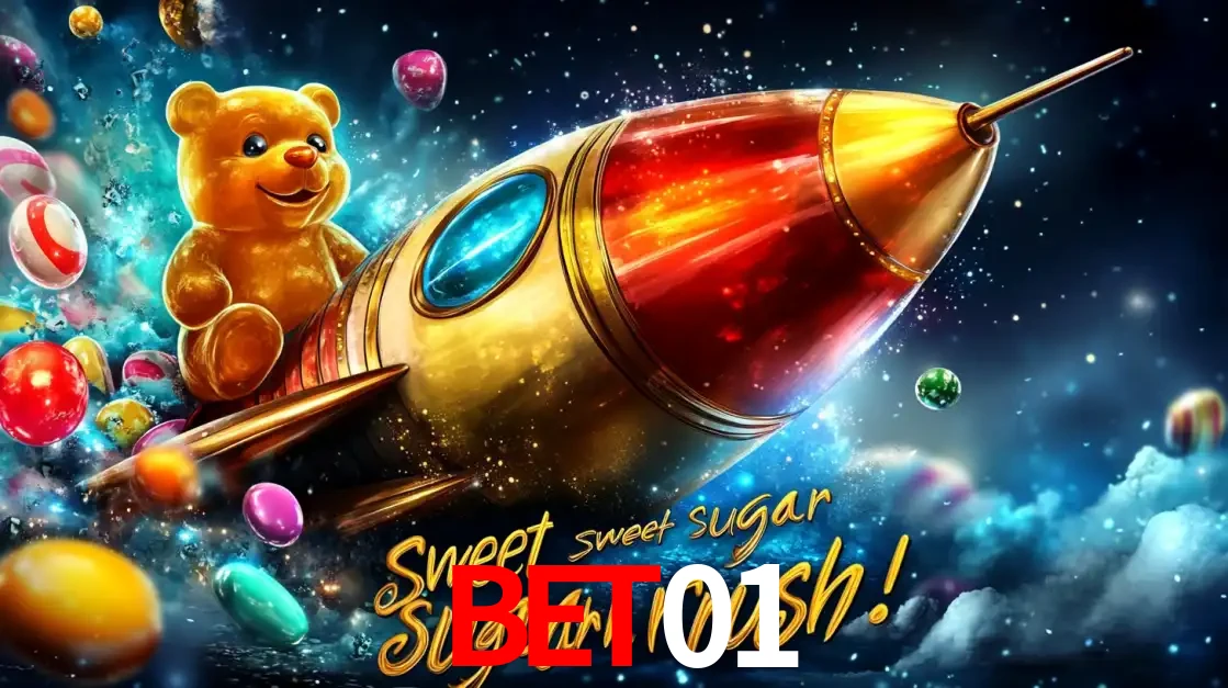 Arte promocional do jogo de slot Sugar Rush, com um urso de pelúcia em um foguete viajando pelo espaço de doces, um dos jogos divertidos disponíveis no cassino bet01.