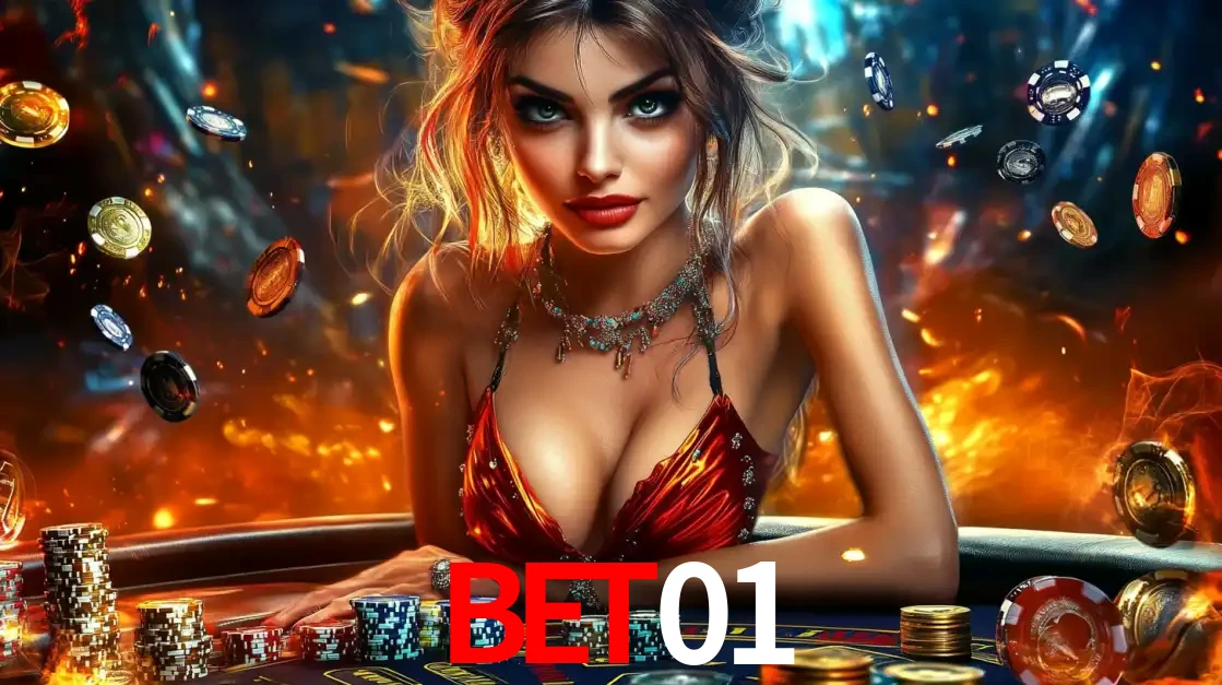 Mulher em uma mesa de cassino com pilhas de fichas e um fundo de fogo, pronta para uma rodada de altas apostas nos jogos de mesa emocionantes do cassino bet01.
