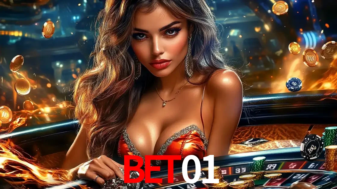 Mulher glamourosa em uma mesa de roleta com um fundo de chamas e moedas voadoras, pronta para fazer sua aposta e ganhar grandes prêmios no cassino ao vivo bet01.
