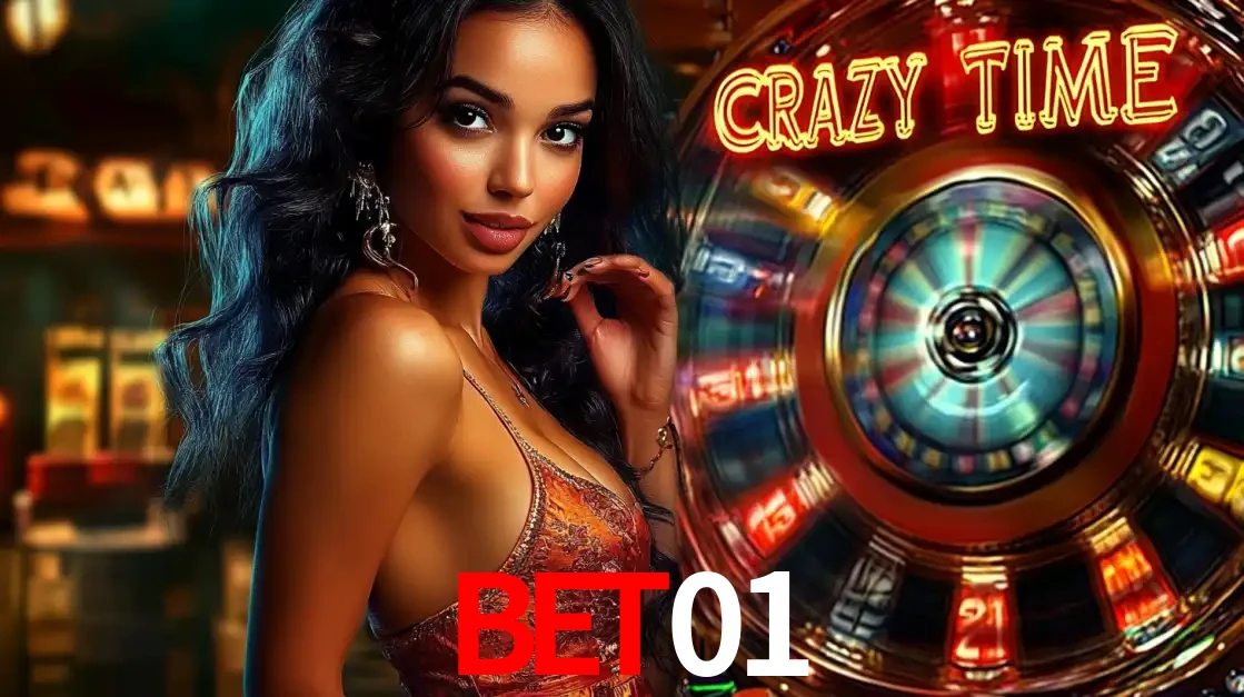 Mulher elegante ao lado da vibrante roda da fortuna do jogo de cassino ao vivo Crazy Time, um dos game shows mais populares e cheios de prêmios do bet01.