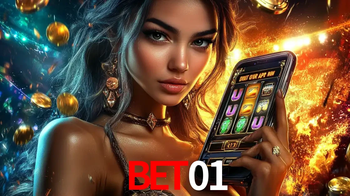 Mulher elegante mostrando um jogo de caça-níqueis em seu smartphone, destacando a experiência de cassino móvel oferecida pelo aplicativo bet01.