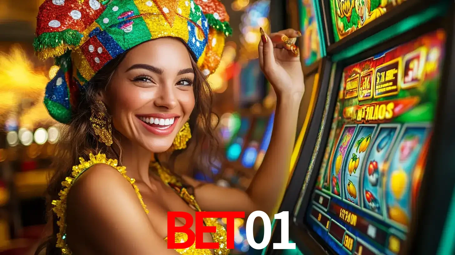 Mulher feliz com traje de carnaval amarelo e colorido ao lado de uma máquina de caça-níqueis, aproveitando a diversão e os jogos temáticos do cassino bet01.