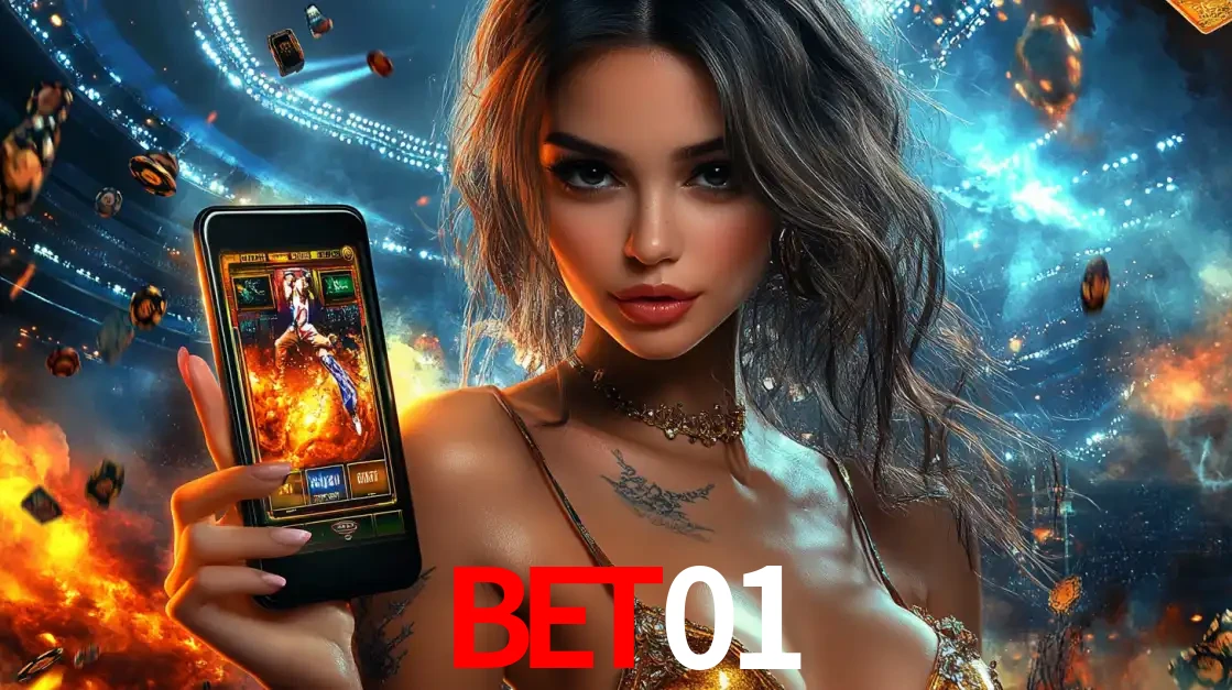 Mulher segurando um celular com um jogo de slot em destaque, tendo como fundo um estádio vibrante, simbolizando a emoção de jogar no cassino móvel bet01.