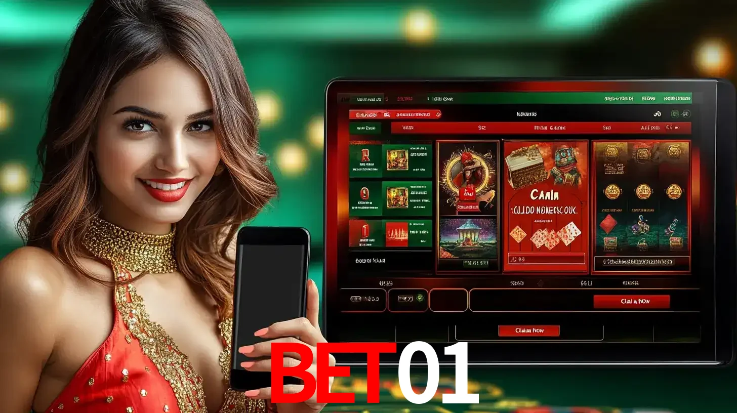 Mulher sorridente segurando um smartphone, ao lado de uma tela exibindo o lobby de jogos do cassino online bet01, com várias opções de jogos de cartas e slots.